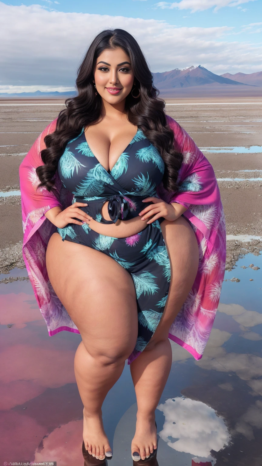 Indian gorgeous curvy plus size actress madhubala, glowing eyes, wearing SHEIN Swim Vcay Plus Size Tropical Printed Beach Cover-Up Kimono, Summer , covered Bust, parted lips, blushing cheeks, thick thighs, bigger waist, busty, curvy plus size body, full body, full body shot, head to toe view, hourglass body, curvy plus size body, smile face, bigger waist, busty, big hips, fleshy thighs, thick thighs, busty, full body view, Salar de Uyuni, Bolivia: Vast salt flats with mirror-like reflections.