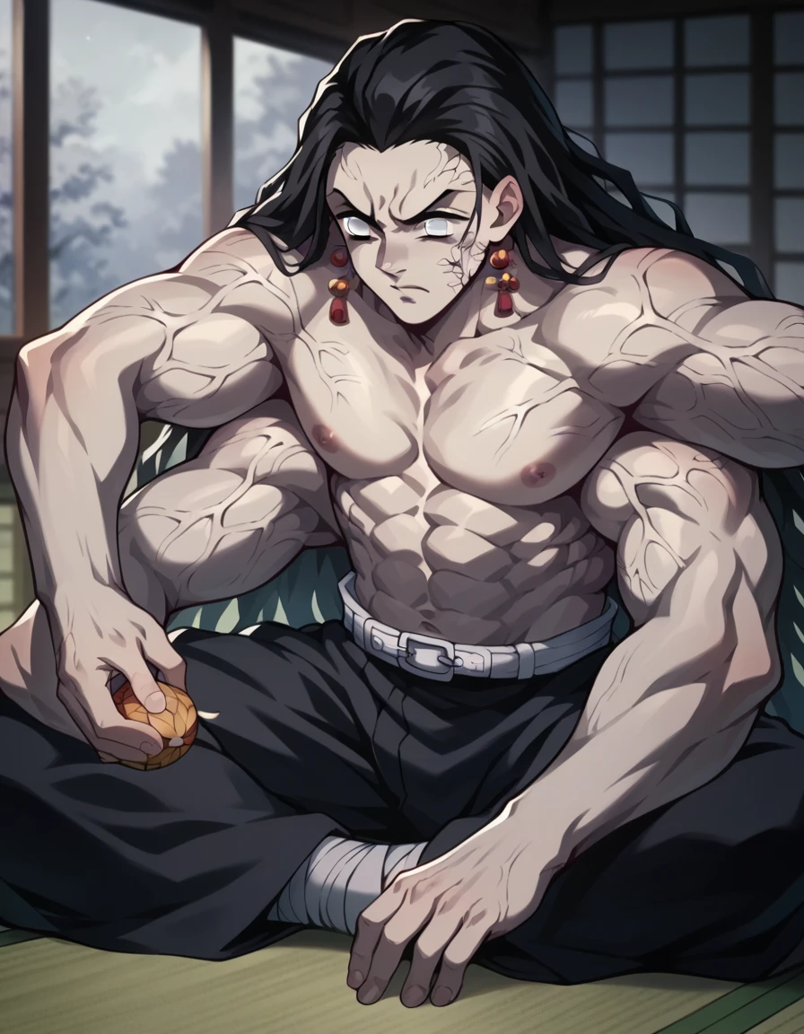 Black long haired muscular man holding a black kitten, sitting on a tatami, with only two arms , Calm gaze, with a serious look, The last Kimetsu no Yaiba 