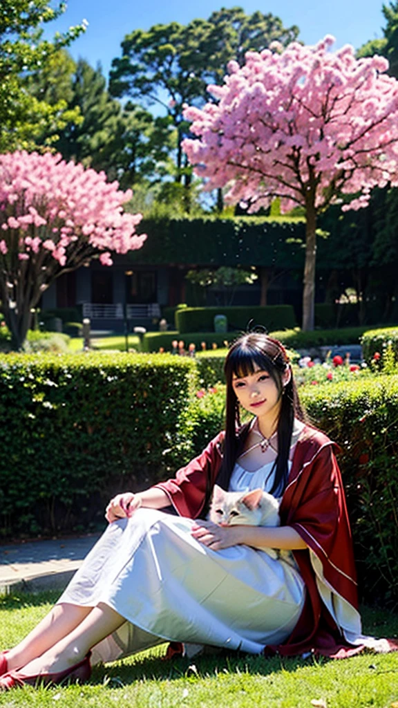 A beautiful garden,Lombard pines,weeping willows,Magnolias, tulips and red roses planted in the garden, a perfectly defined woman is wearing a carmine red dress, a cat sits at his feet and the magnificent blue sky rises above everything