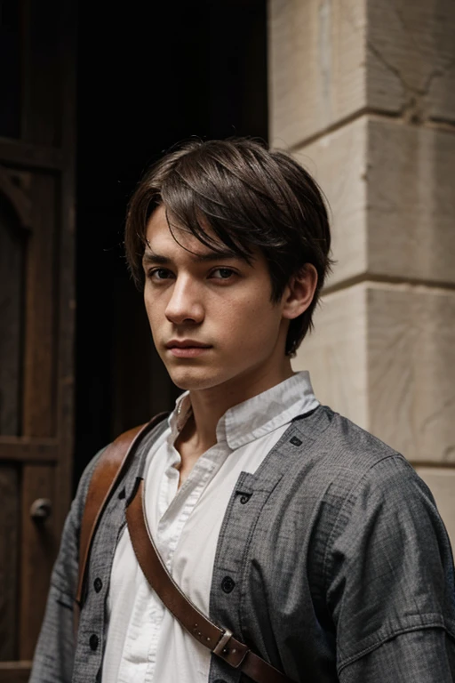 White Medieval assassin boy with grey eyes