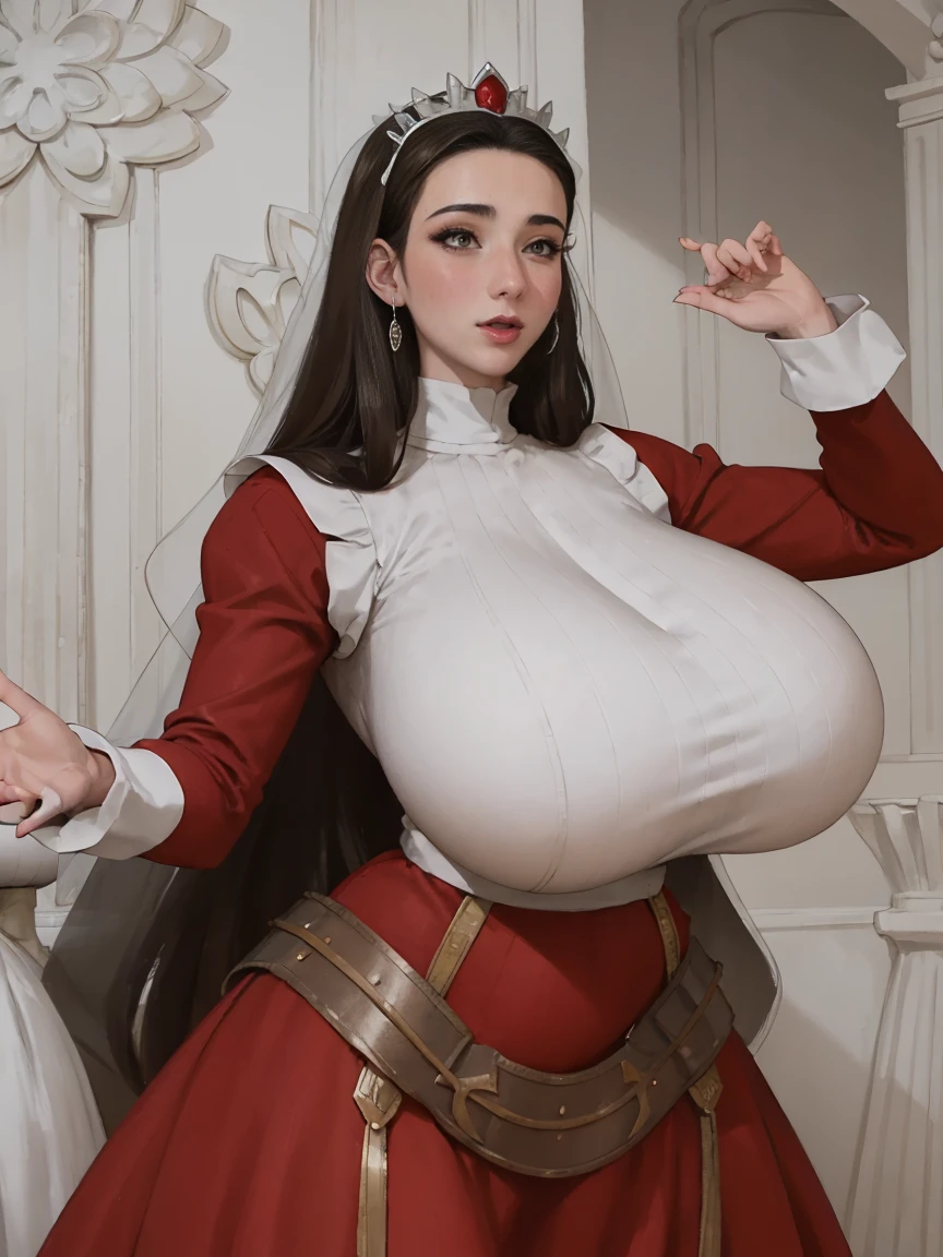 Gorgeous and sultry busty athletic (thin) brunette queen with sharp facial features wearing a dark red medieval dress, long sleeves, wide neck, crown, veil, long dress, modest dress, tight bodice, silver waist chain, medieval jewelry, Middle Ages, castle, rampart, wall, stained glass. massiveboobs