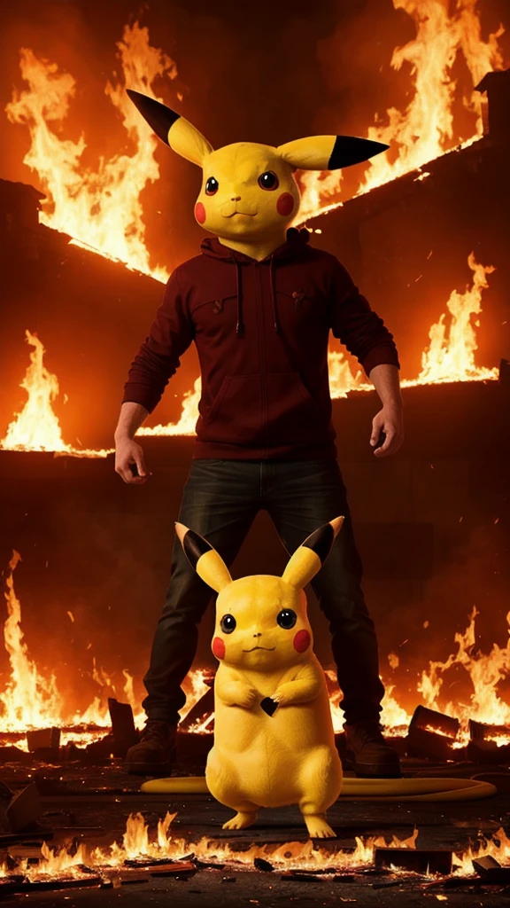 A live-action Pikachu grows giant and destroys a city，Flames are rising here and there，A fugitive々