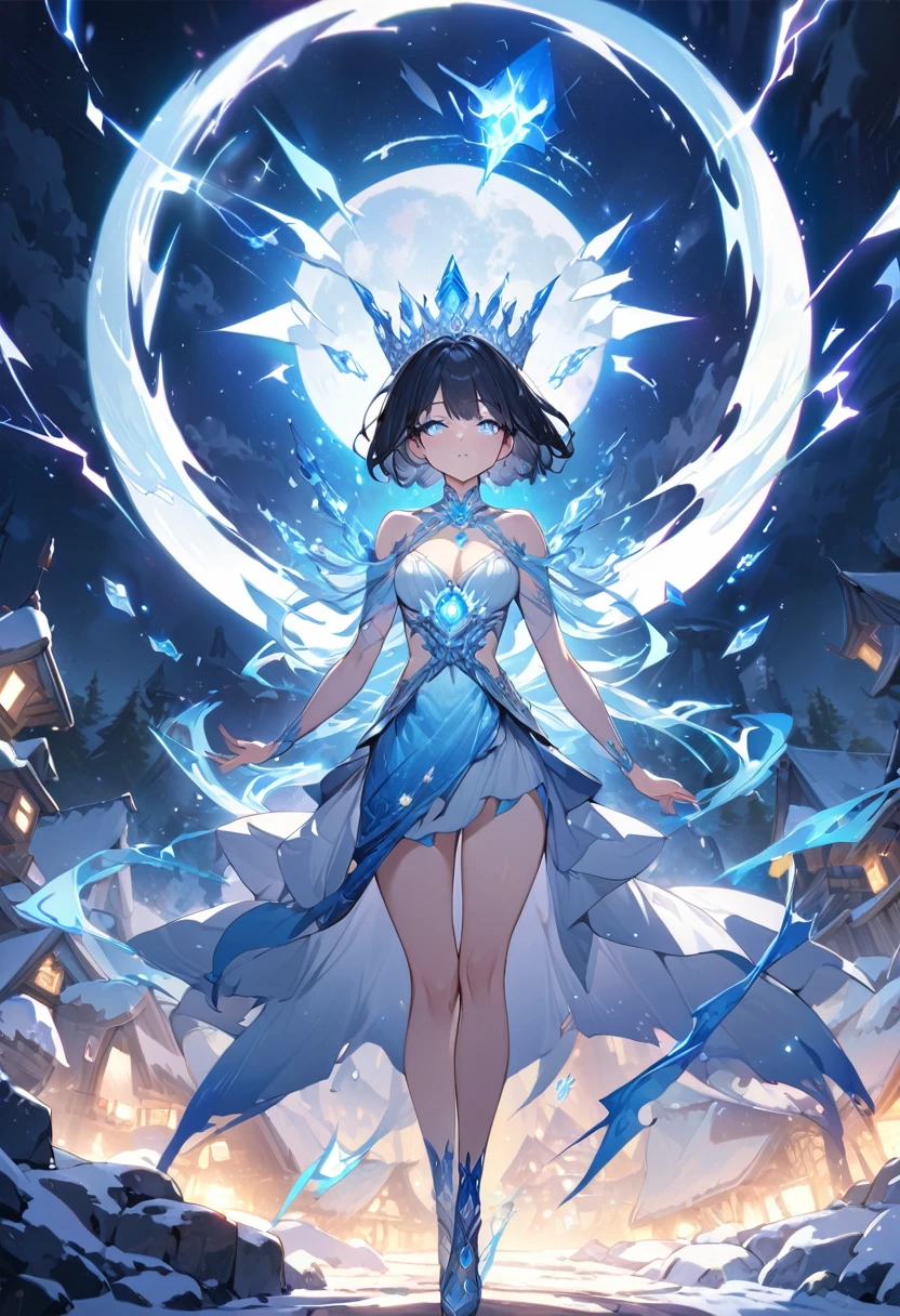 night, ((1 girl)), alone, masterpiece, 8k wallpaper, High resolution, Absurd, High Quality Backgrounds, short hair, Black Hair, Multicolored Hair, Beautiful frozen village, (Bright full moon), Blue clothes, Detailed dress, Jewelry Dress, (magic:1.2), blue fire, blue eyes, Glowing Eyes, fire, Ice Goddess, (Beautiful crown with blue details), electricity, blue electricity, Blue light particles