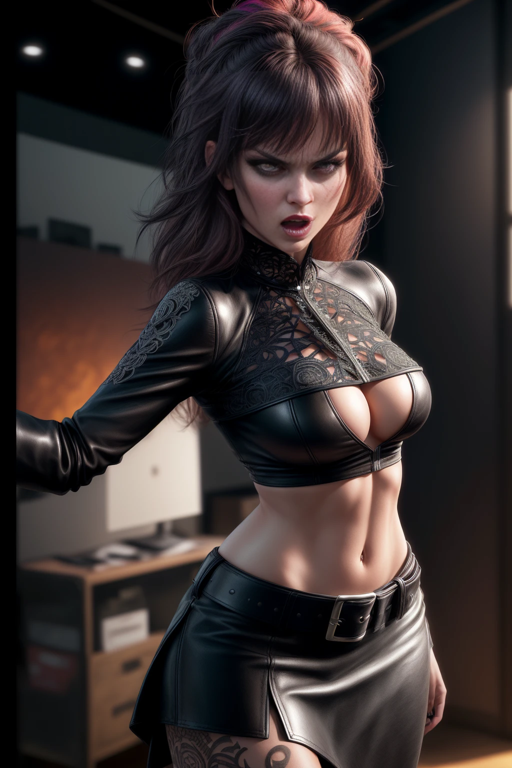 (16K max resolution masterpiece:1.2),(((Intricate detail:1.4))), (((extremely crazy detail:1.4))),(((top quality:1.3))), (( (Soft colors of highly detailed digital art.:1.3))). | NSFW,ultra detailed,Realistic,office,table,corporate,paperwork,container,pen,tape,exquisite details,exciting surprises,evil eyebrows,frothing anger,(furious sideways woman in a long black high-waisted leather skirt with a big, intimidatingly detailed belt, and a top Exposed, Attitude, evil atmosphere, intimidating moment, blackened face, extravagant, studio lighting, sharp focus, physically based rendering, Professional, vivid colors, bokeh.