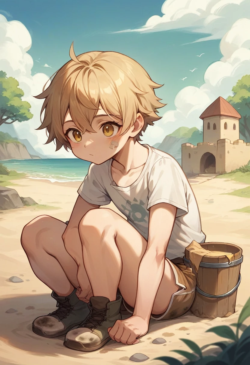 A girl with light hair and small ears,the golden eyes,the boy wears cute, dirt-stained shorts,he is on the beach with a bucket and sand with a sticky sandcastle.