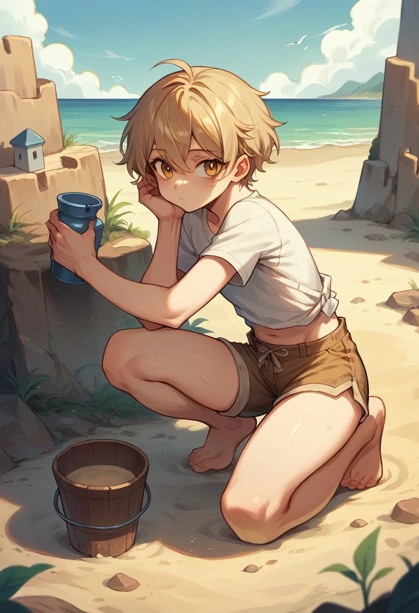 A girl with light hair and small ears,the golden eyes,the boy wears cute, dirt-stained shorts,he is on the beach with a bucket and sand with a sticky sandcastle.
