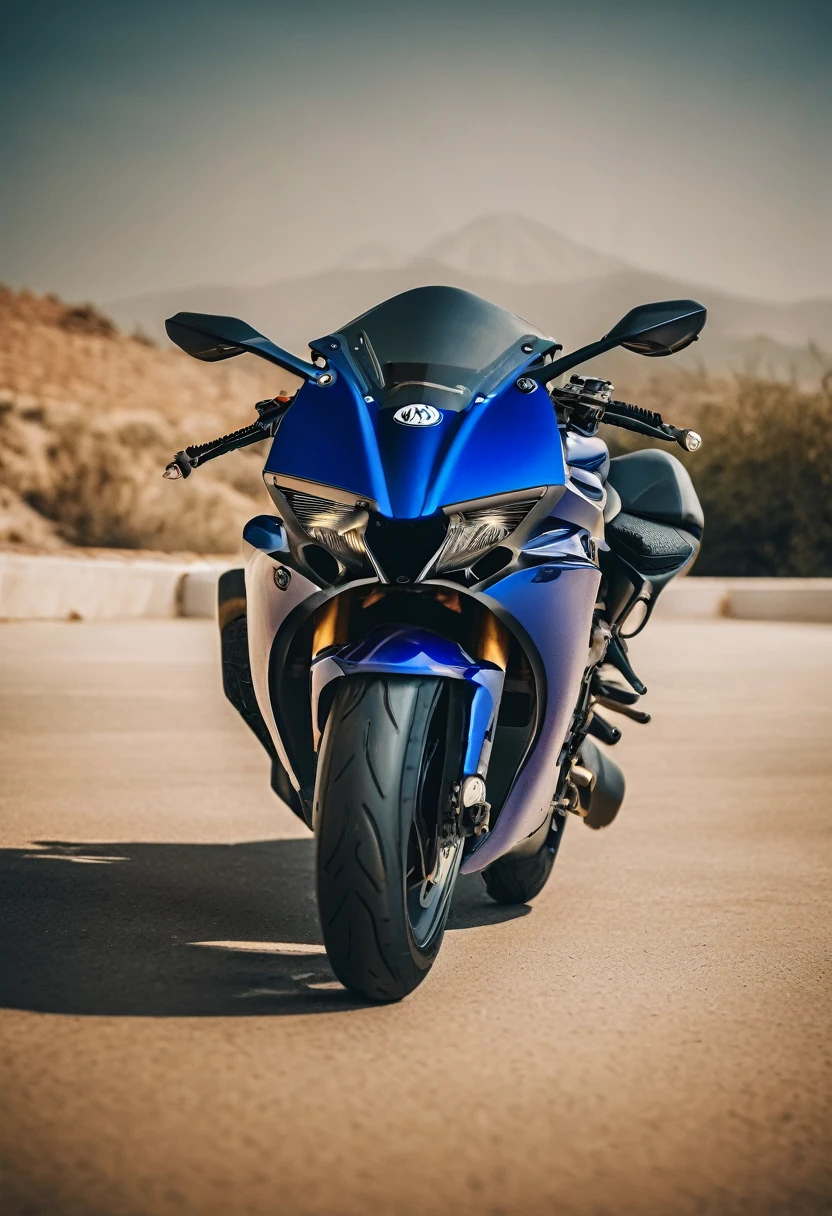 blue Yamaha YZF-R7, cinematic camera angle, phone wallpaper, masterpiece quality, cinematic photography