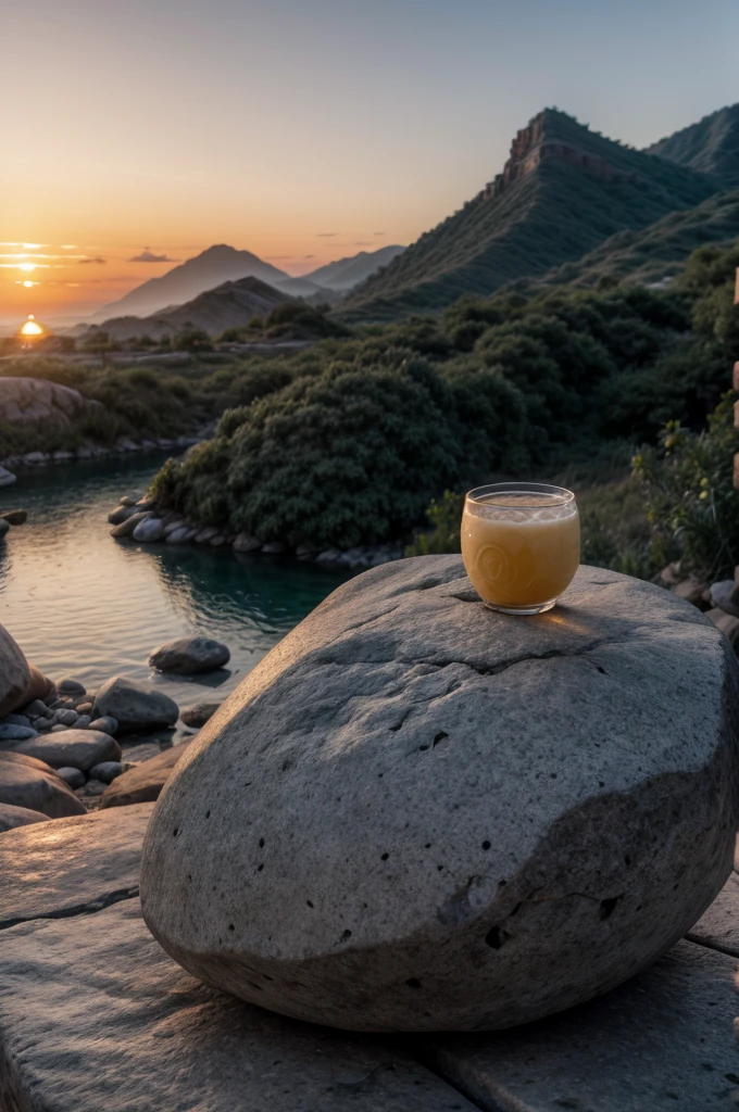 Mexican pulque on a rock , sunset