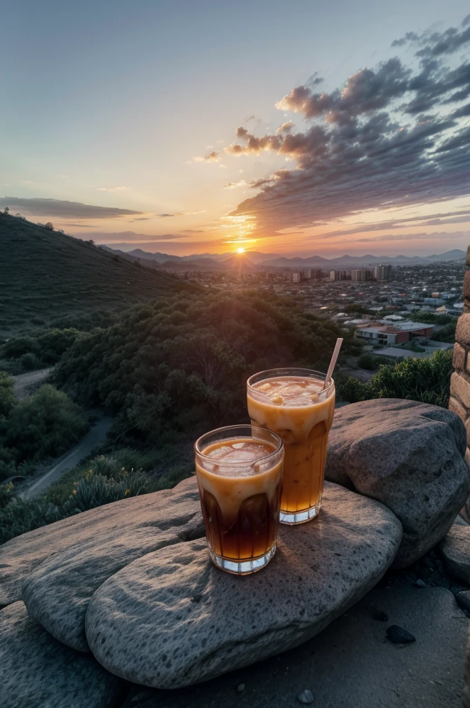 Mexican pulque on a rock , sunset