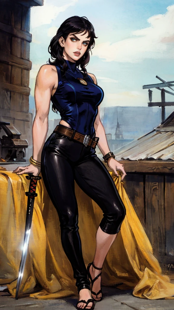 A beautiful woman with long shiny black hair, choppy bangs, a delicate face, a cold proud gaze, a fit figure, a fantasy-style high-necked leather breastplate top, sleeveless, exposes her waist, a bracelet adorns her wrist, tight-fitting leather pants, her right hand holds a Katana with a blue scabbard, she lounges casually sitting on a rooftop, this character embodies a finely crafted fantasy-style bounty hunter in anime style, exquisite and mature manga art style, (Alexandra Daddario:1.2), high definition, best quality, highres, ultra-detailed, ultra-fine painting, extremely delicate, professional, anatomically correct, symmetrical face, extremely detailed eyes and face, high quality eyes, creativity, RAW photo, UHD, 32k, Natural light, cinematic lighting, masterpiece-anatomy-perfect, masterpiece:1.5