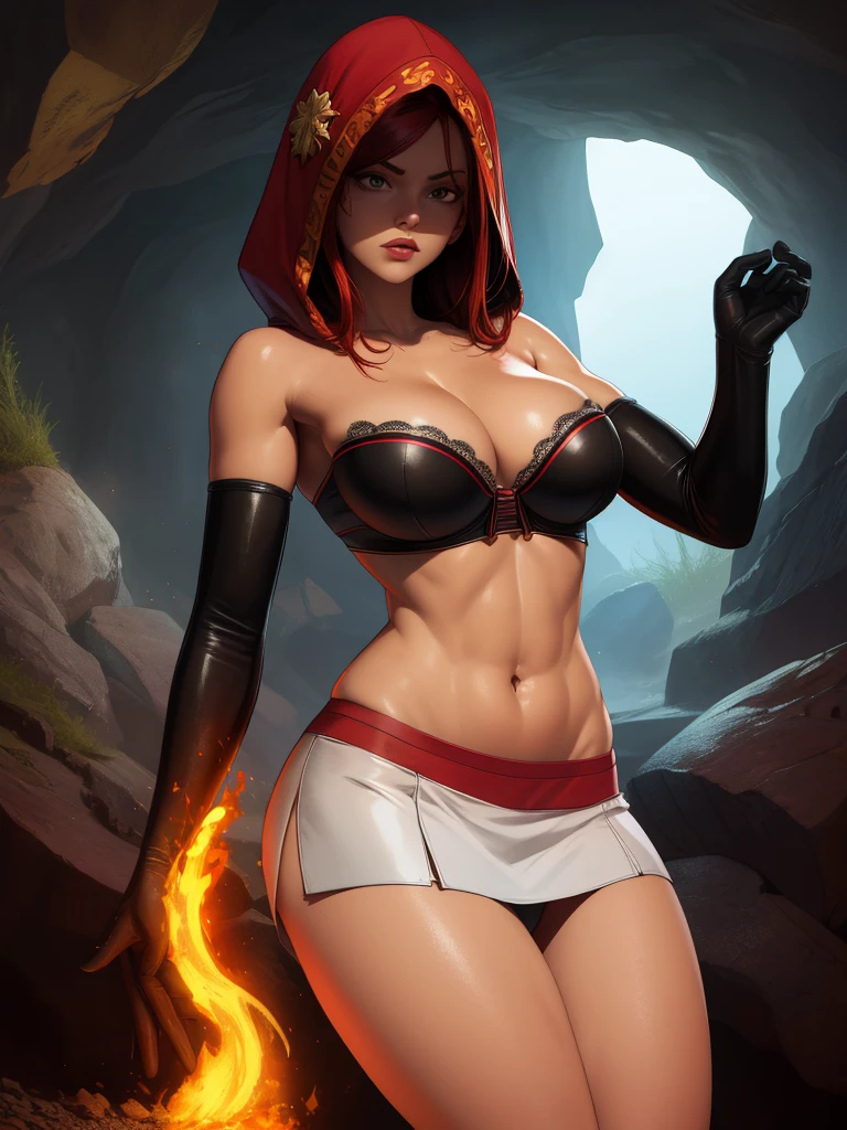 Dsorceress, redhair, shadowy face,dark cave, fire, hood, shadowed face, strapless bra, slim and athletic body, miniskirt, no panty, elbow gloves, dark skin, 1 girl (insanely detailed, masterpiece, best quality)