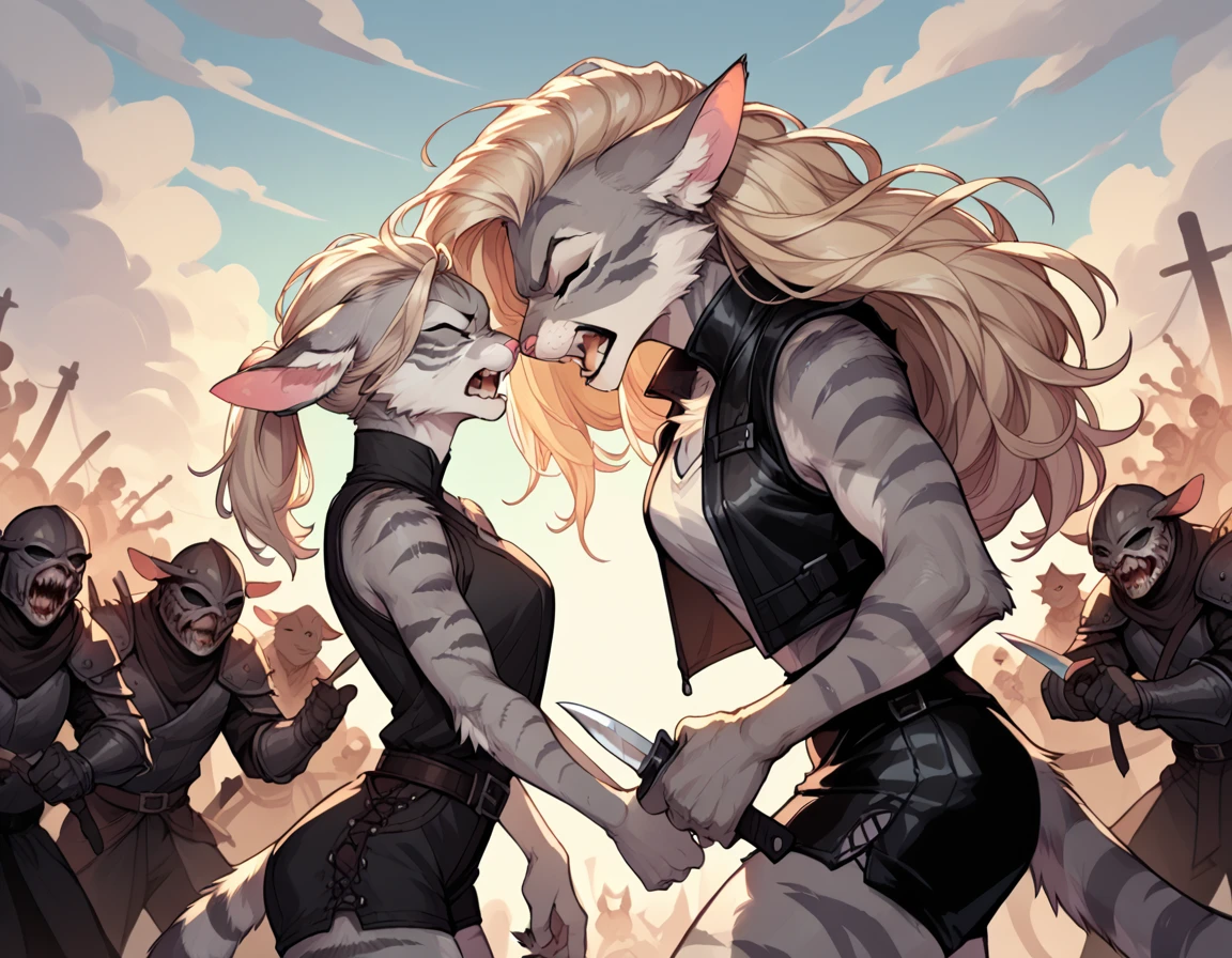 score_9,score_8_up,score_7_up, score_6_up, score_5_up, source_anime, flat colors, no shading, Kat, Anthro furry feline, silver fur, grey stripes on body, closed eyes, long blonde hair, undercut hair, one side of hair shaved, pink nose, :3, wearing black leather armor vest, black cuirass, black short shorts, holding two knife daggers, clutching her knives, face covered in blood, furrowed eyebrows, angry, screaming at the sky, surrounded by soldiers, outdoors, nighttime, several dead bodies on the ground, side view, throwing head back, arching back