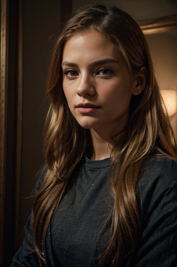 Isabella Sermon with long blonde hair, wearing a red coat, black t-shirt, and dark blue jeans, (best quality,4k,8k,highres,masterpiece:1.2),ultra-detailed,(realistic,photorealistic,photo-realistic:1.37),extremely detailed face, beautiful detailed eyes, beautiful detailed lips, longeyelashes, intricate details, photorealistic portrait, natural lighting, warm color tones, cinematic composition