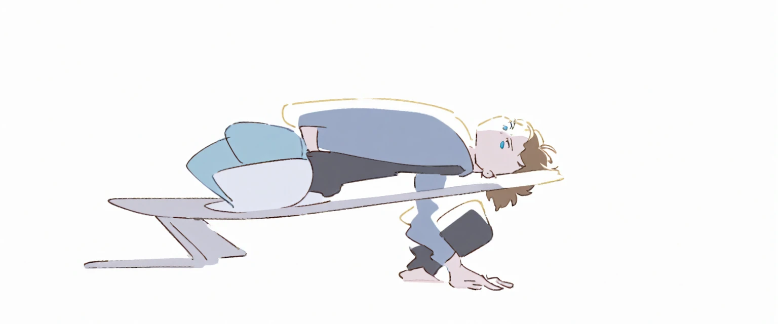 a caucasian handsome male,with short dark blond hair and blue eyes wearing a blue t-shirt and black pants, and he is sitting down, manwha style