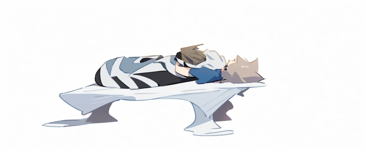 a caucasian handsome male,with short dark blond hair and blue eyes wearing a blue t-shirt and black pants, and he is sitting down, manwha style