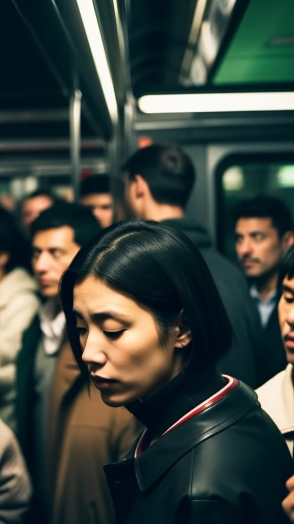 take a photo from a great distance、out of focus、Inside a crowded train with dark lighting、A woman surrounded by a group of middle-aged men、Physical contact、Black-haired Japanese woman with closed eyes、she is wearing a collar, the front of her coat is open, And she's wearing a see-through sailor suit、She is wearing a very short pleated skirt.、Big round hips、Woman with very large breasts Man is paying attention to her、touch her body closely。She looks at me with an embarrassed expression、(Several men forcibly touch her breasts:1.5)、(Multiple guys forcibly touching her crotch:1.1)、