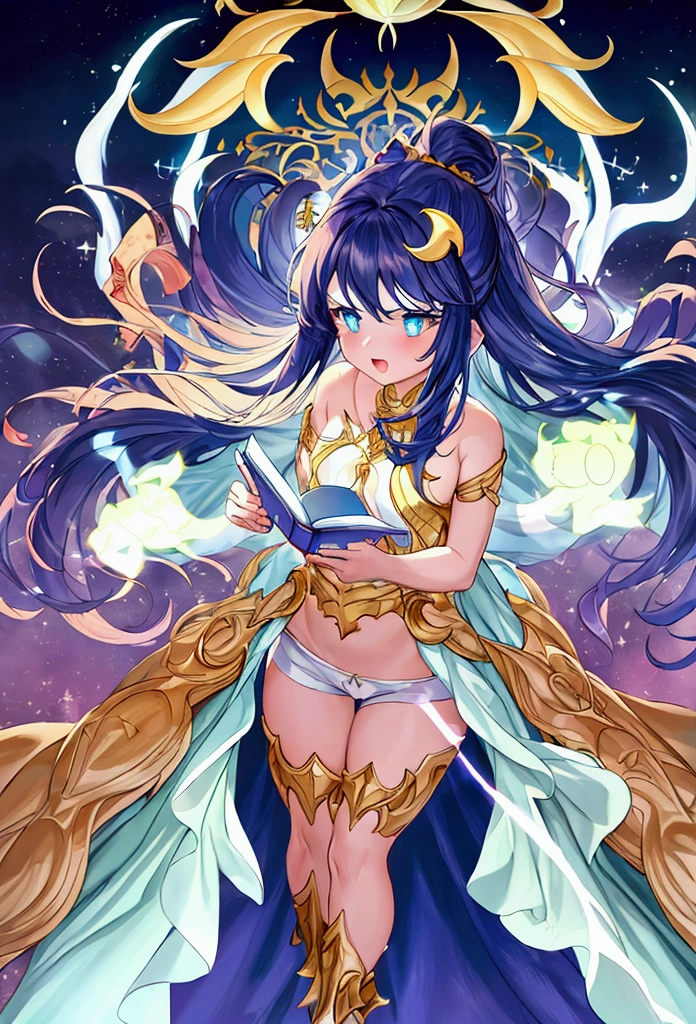 (anatomically correct, super detail, award winning, masterpiece, Highest quality, crescent hair ornament, cinematic lighting, 8k, The whole body is shown)) ,1boy:1.3 AND 1girl, The boy is surprised, A little boy is holding an open book AND wearing a robe AND shorts, ((Glowing Book:1.3, Summoned from the book:1.45, Fantasy looking girl, A dynamic jump-out)), Anime-style, Anime effects:1.3