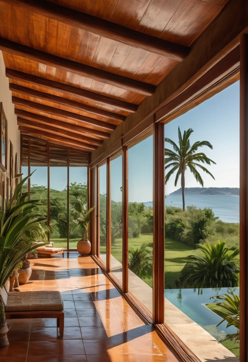 RAW image, taken on a Canon EOS R3, com lente telefoto teleobjetiva 300mm, 8K top quality, natural look, dawn, 3 pm hour, DSLR photo ultra detailed, realistic, ultra high res.photorealistic::1.5, Interior architecture in Brazilian tropical style. An internal corridor covered in Tamarind wood, with a retractable glass roof. On the walls 2 paintings by Tarsila do Amaral. The floor is rustic in Pedra Moledo Laguna Branca. This hallway overlooks the garden, with neatly trimmed grass, tall palm trees, a huge square swimming pool, light brown sun loungers, open wooden sliding doors, breeze, sea, sand
