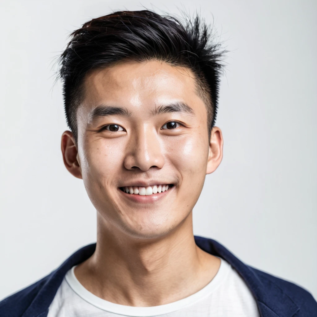 young Chinese man portrait looking at the camera happy with a white background