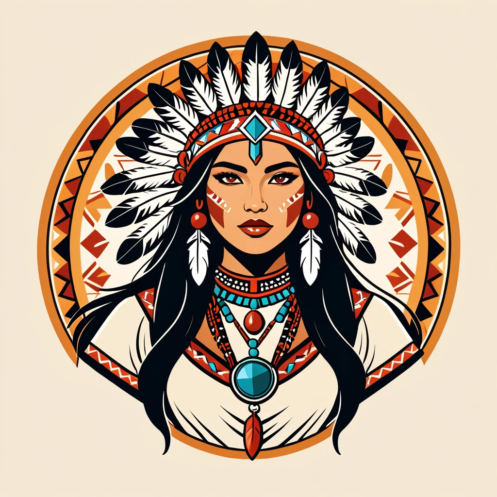 female summoner in native american folk outfit ,vector graphics, strong contours, logo design