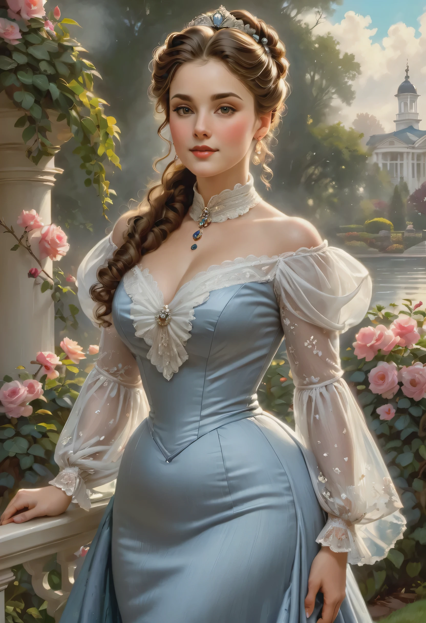 A beautiful aristocratic woman with large and elegant, hawk nose, who personifies old-fashioned class, sophistication, elegance and also healthy, natural beautiful. curved, Waist slender, Broad Hips, Hips swaying. Opulent, Historically Accurate Victorian Dress. Greg Rutkowski, thomas kinkade