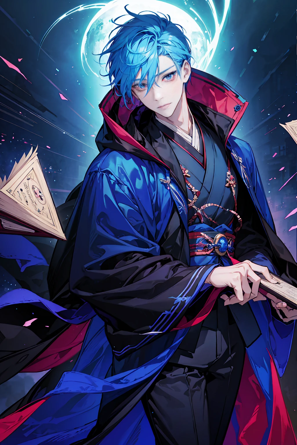 Sorcerer a pinkhightlightbluehair men, wearing a , fasion hair, fasion hair, slim body, hood, hakama, men, handsome face, tall 187cm, 21yearold, male, Secret, magicbook, red eyes,