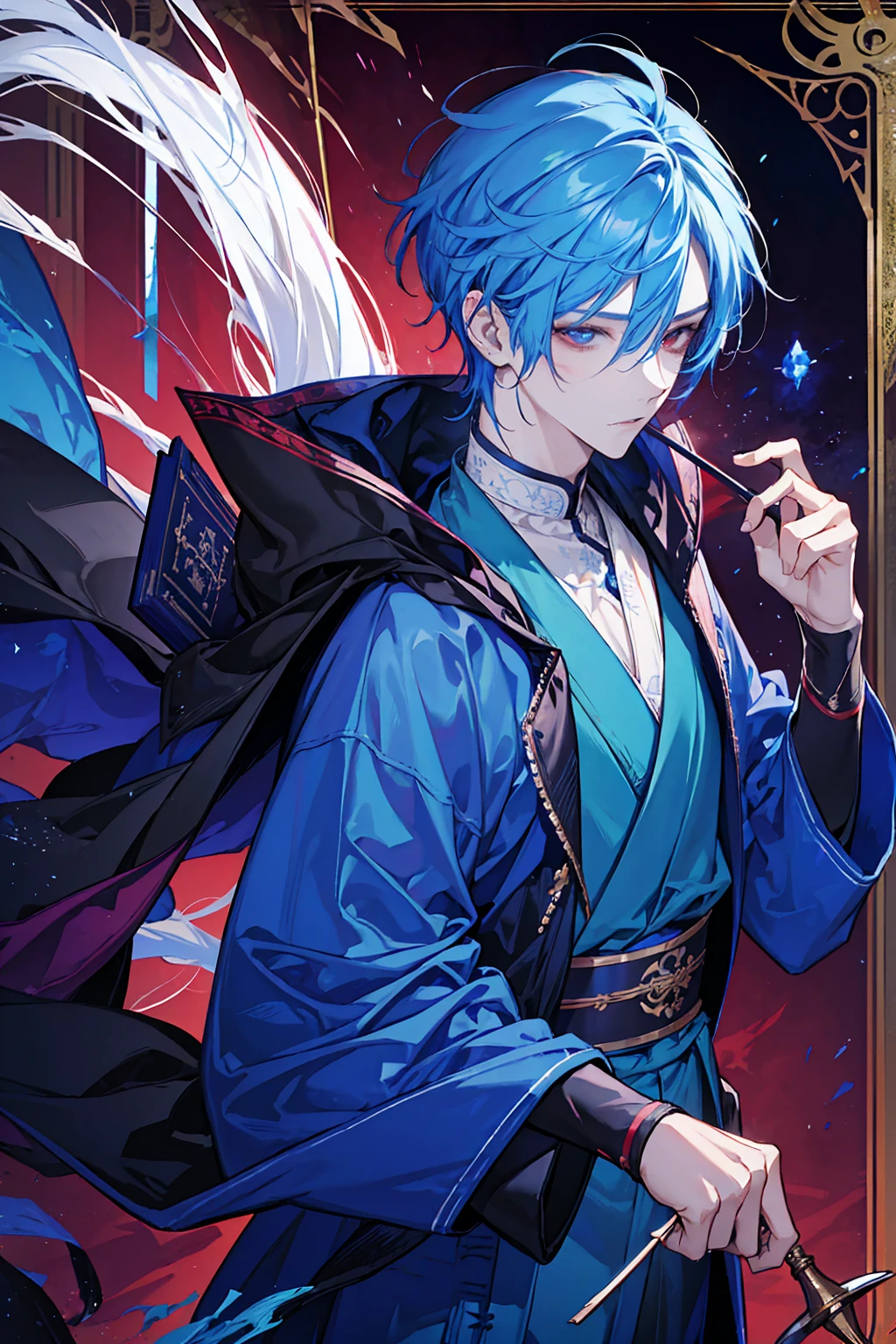 Sorcerer a pinkhightlightbluehair men, wearing a , fasion hair, fasion hair, slim body, hood, hakama, men, handsome face, tall 187cm, 21yearold, male, Secret,  magicbook, red eyes,