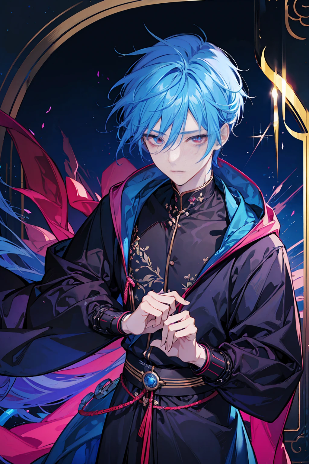 Sorcerer a pinkhightlightbluehair men, wearing a , fasion hair, fasion hair, slim body, hood, hakama, men, handsome face, tall 187cm, 21yearold, male, Secret, magicbook, red eyes,