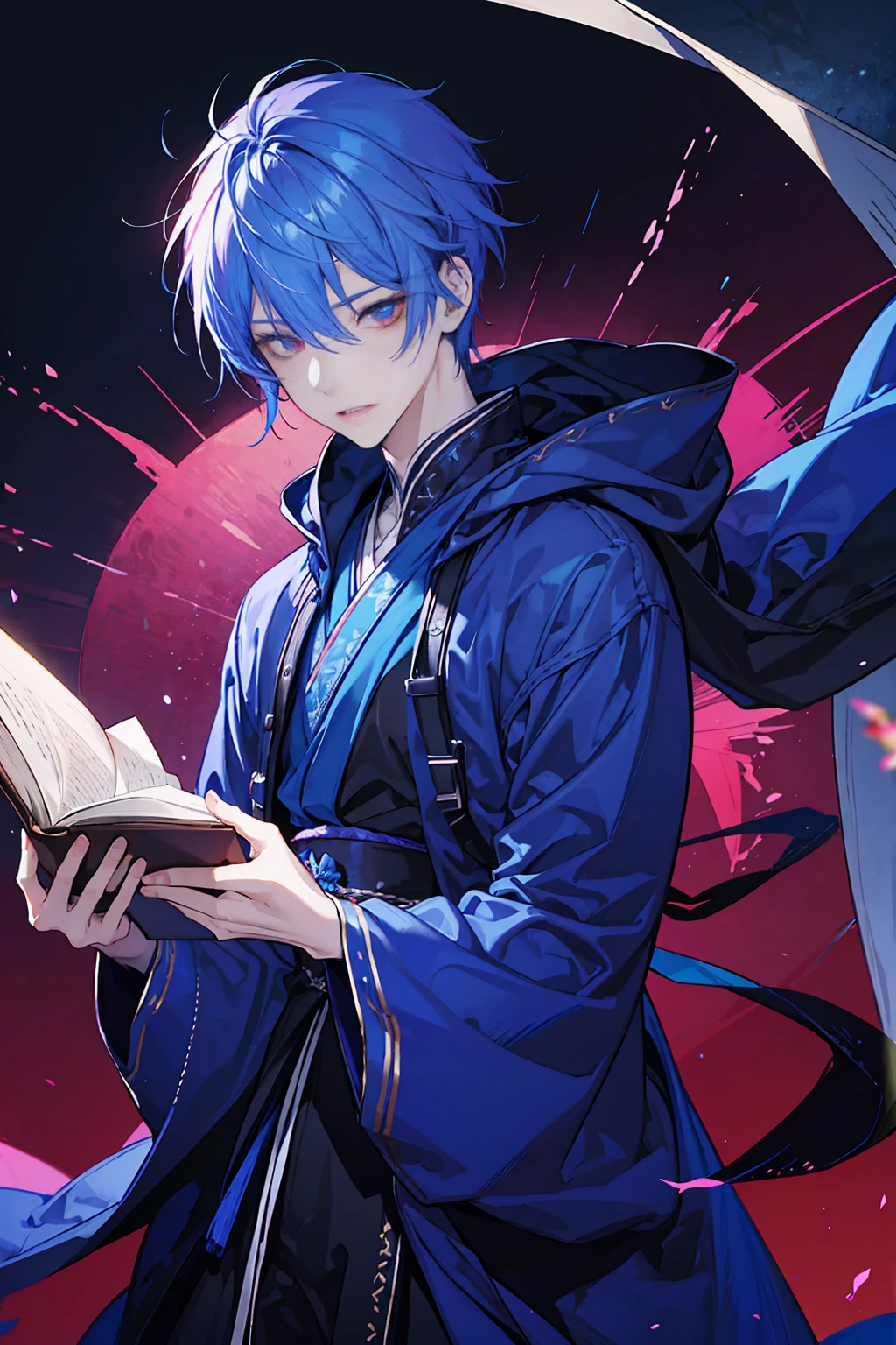 Sorcerer a pinkhightlightbluehair men, wearing a , fasion hair, fasion hair, slim body, hood, hakama, men, handsome face, tall 187cm, 21yearold, male, Secret, magicbook, red eyes,