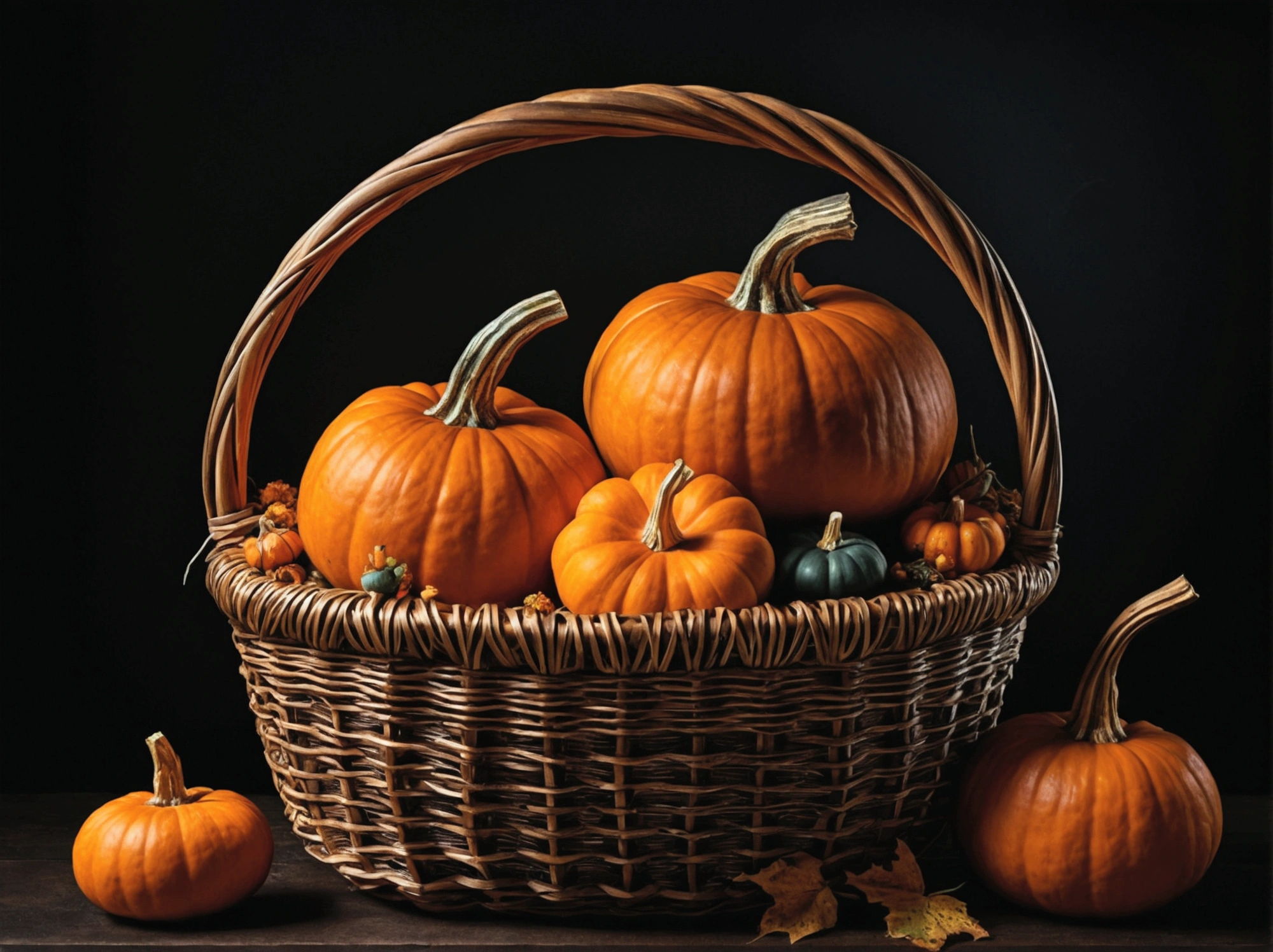 Pumpkin in a basket, Dark Background, --Caravaggio style, --No frame or canvas