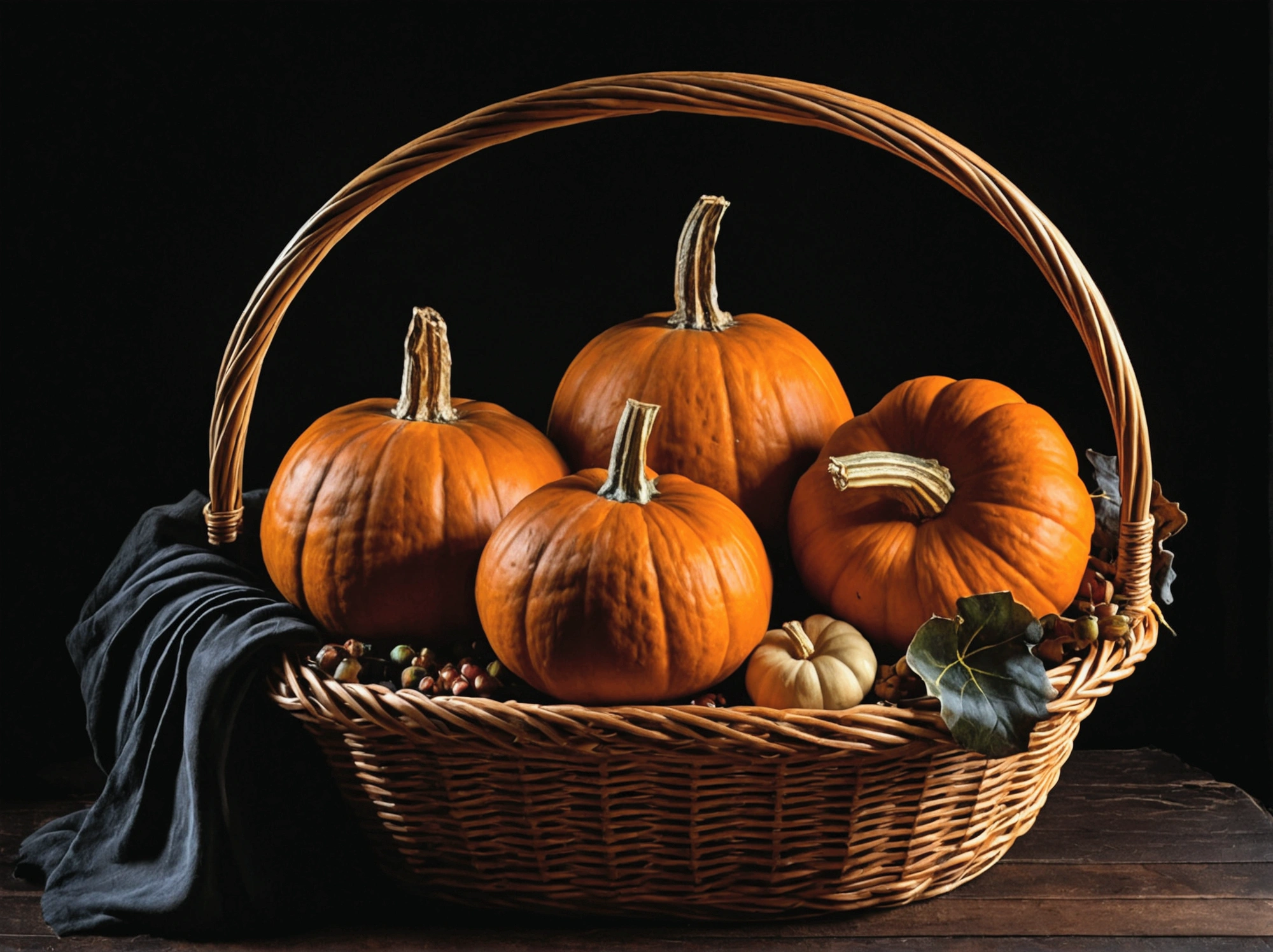 Pumpkin in a basket, Dark Background, --Caravaggio style, --No frame or canvas