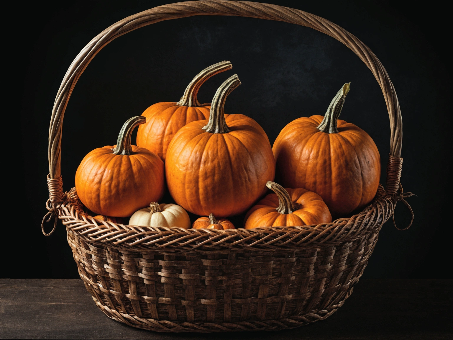 Pumpkin in a basket, Dark Background, --Caravaggio style, --No frame or canvas