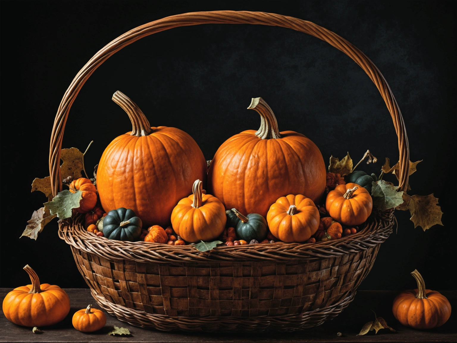 Pumpkin in a basket, Dark Background, --Caravaggio style, --No frame or canvas