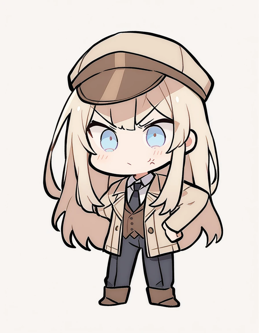 One girl, Beige hair、Long Hair、Bangs、Detective Suit、chibi,Light blue eyes、simple background、Get angry、Newsboy hat