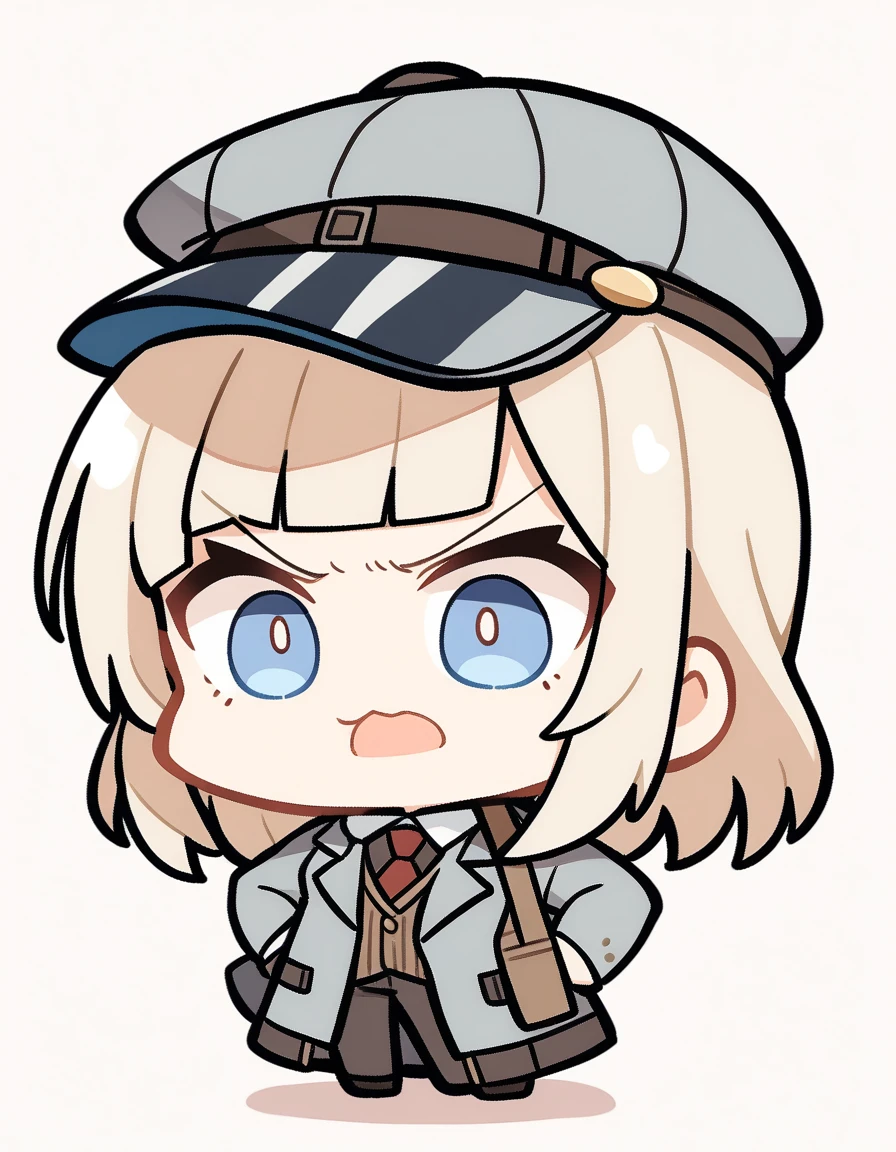 One girl, Beige hair、Long Hair、Bangs、Detective Suit、chibi,Light blue eyes、simple background、Get angry、Newsboy hat