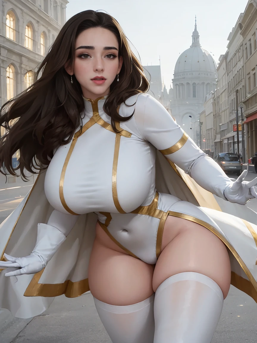 Gorgeous and sultry busty athletic (thin) brunette with sharp facial features wearing a white and gold superhero leotard, cape, gloves, thigh-high boots. Standing, city street.