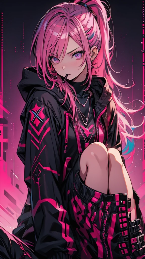 Red Flow, 1 girl, alone, Neon Background, Mouth closed, Pink Hair, Blue Hair, Pink Eyes, necklace, Black hoodie, eyelash, Compensate, ponytail, eye shadow, variegated hair, Pink Theme, Sitting