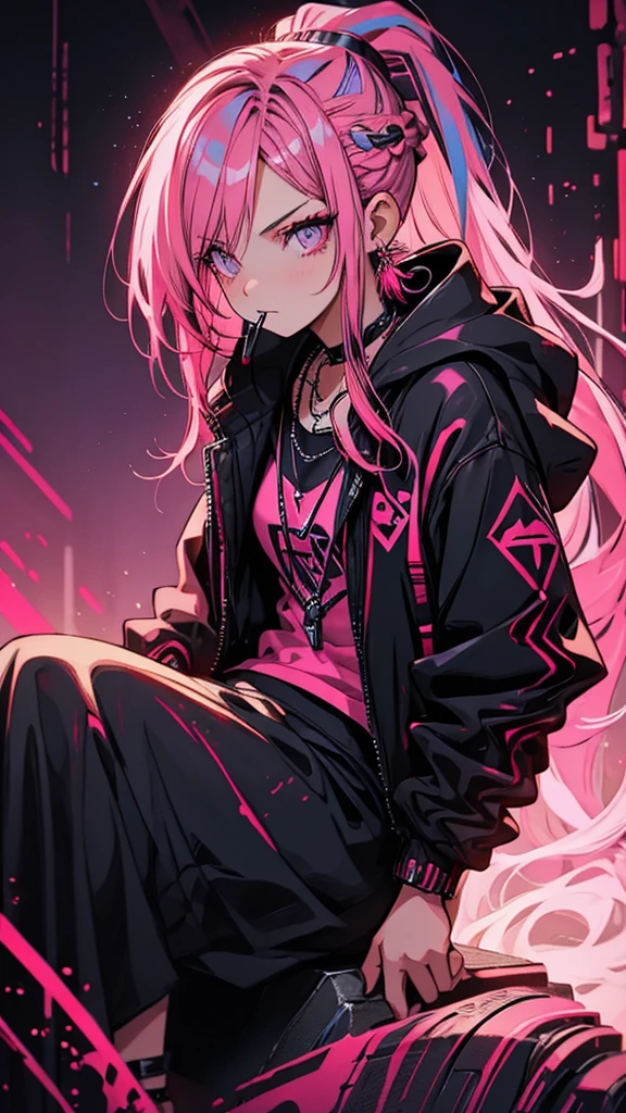 Red Flow, 1 girl, alone, Neon Background, Mouth closed, Pink Hair, Blue Hair, Pink Eyes, necklace, Black hoodie, eyelash, Compensate, ponytail, eye shadow, variegated hair, Pink Theme, Sitting