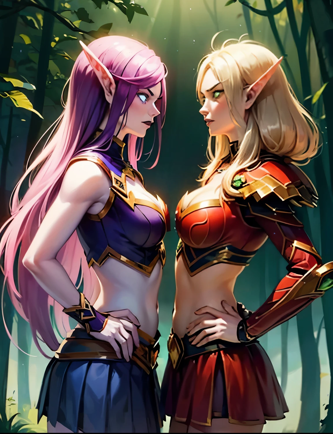 (1girl, purple hair, short hair, spiral eyes, angry, clenched teeth) (digital) (upper body) (standing), (Purple Forest background), (short skirt)) , best quality, blue eyes, pointy ears, colored skin, blue skin, cleavage, armor, Purple armor, crop top, gold trim, navel, voidelf, two girls facing at each other, side view 