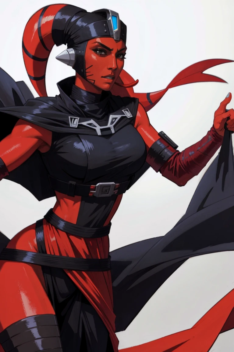 Brutal Red Skin Twi'lek with huge breasts wearing futuristic ((sleek (black) tunic)), robes, cowl, cape, huge breasts, slim hips, small waist, full-body shot