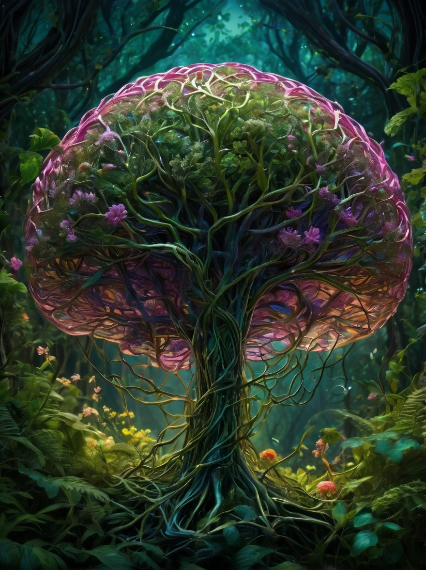 A mesmerizing digital illustration of a human brain. The brain CONSISTS ENTIRELY OF intricately woven with trees, vines, and flowers, which are sprouting from the brain stem, creating a surreal and organic fusion of nature and intelligence. The vines branch out, forming complex neural networks that are translucent and extend into the surroundings. The brain is depicted without bones and skin, purely composed of the vegetation, showcasing the interconnectedness of nature and human cognition. The illustration is rendered with extreme detail, capturing every intricate texture of the trees, vines, and flowers, creating a visually stunning masterpiece. The colors of the illustration are vivid and vibrant, with a color palette dominated by various shades of green and violet, representing growth, life, and harmony. Some flowers bloom in vibrant hues of pink, blue, and yellow, adding pops of color to the overall composition. It is a true masterpiece of digital art. (best quality, ultra-detailed, realistic