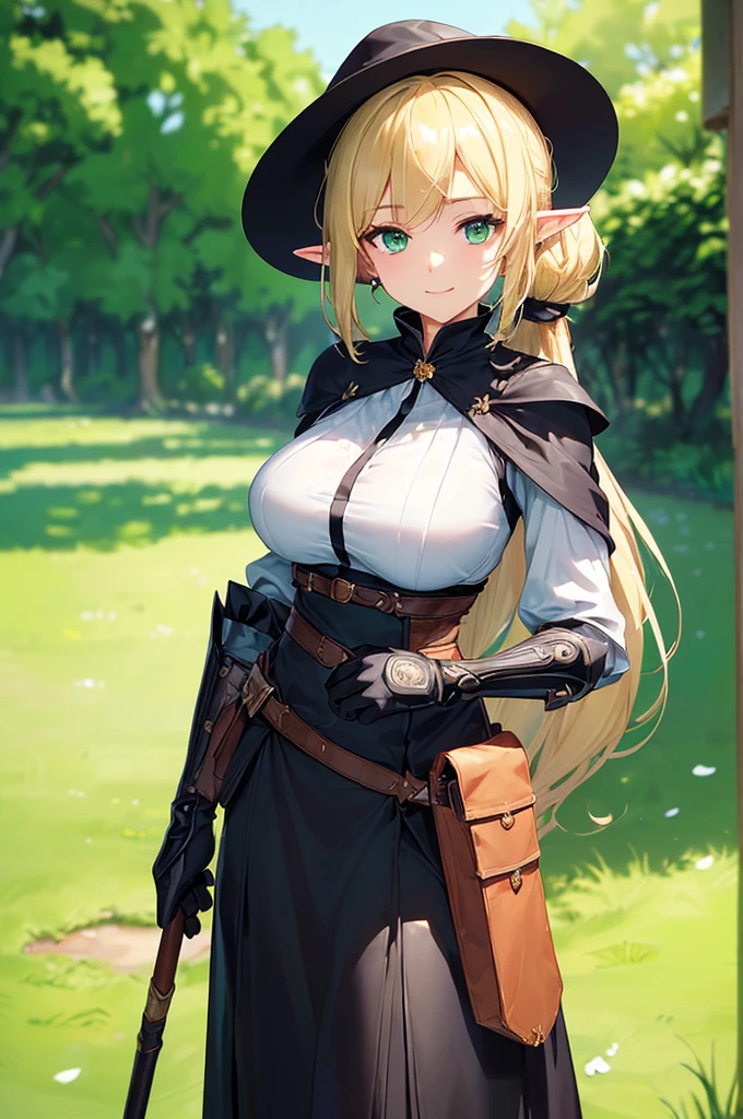 (((masterpiece; best quality: 1.2))), (finely detailed eyes: 1.3), (25 year old elf woman), (solo), (green eyes: 1.4), (body; big breasts, fit, femenine: 1.3), (silky blonde hair in low ponytail: 1.3), (beautiful and clear background: 1.2), ((depth of field)), (equipment: adventurer garb + modest + elegant wide-brim hat + dark blouse + dark long cape + black long skirt + gloves + belt + pouches: 1.3), (anime illustration: 1.2), (background composition; royal garden: 1.1), (extremely fine and beautiful: 1.1), (shot composition; standing + centered on torso + close-up: 1.5), (expression; calm, smile: 1.2)