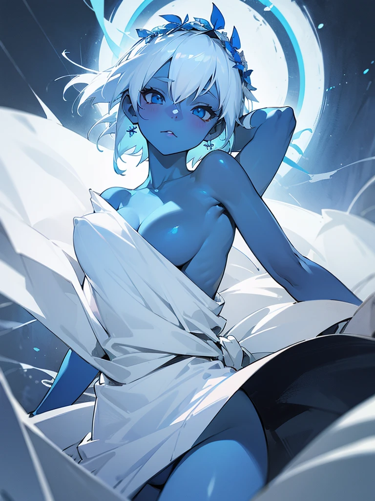 ((Blue skin)), ((missing one arm)), (has only one arm), ((one armed girl)), white skirt, (white fabric covers her breasts), girl, white hair, (white nimbus wreath), no bra