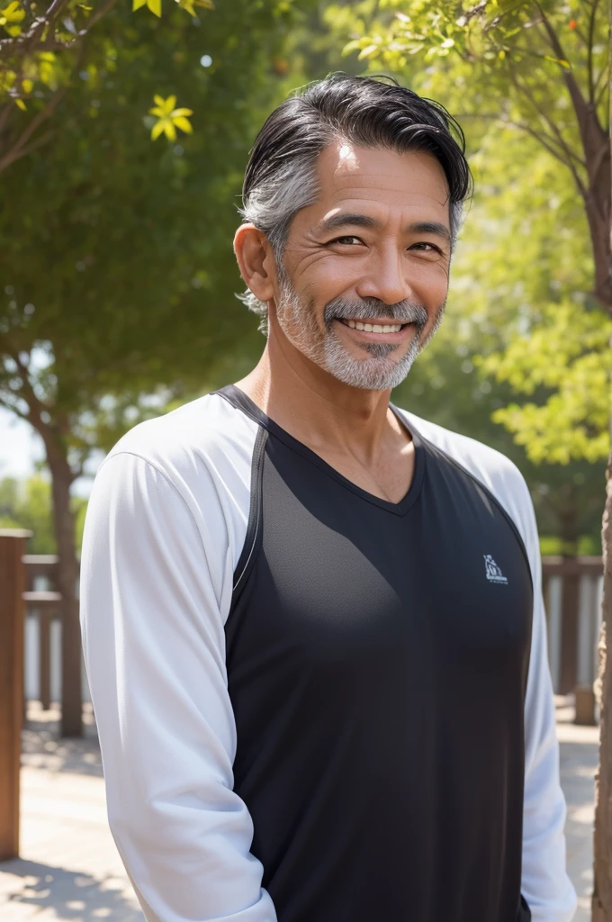 50 years old man, sun tan, barba, black hair, wrinkles, smile and in light clothes