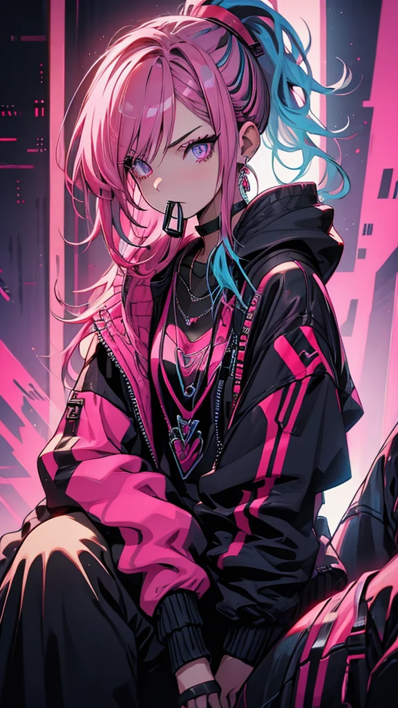 Red Flow, 1 girl, alone, Neon Background, Mouth closed, Pink Hair, Blue Hair, Pink Eyes, necklace, Black hoodie, eyelash, Compensate, ponytail, eye shadow, variegated hair, Pink Theme, Sitting