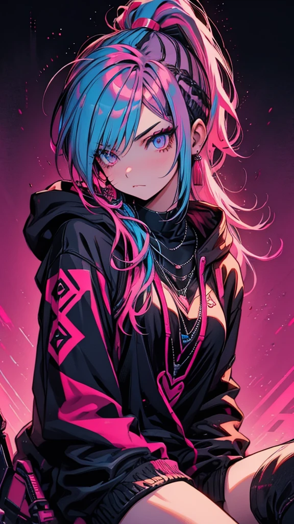 Red Flow, 1 girl, alone, Neon Background, Mouth closed, Pink Hair, Blue Hair, Pink Eyes, necklace, Black hoodie, eyelash, Compensate, ponytail, eye shadow, variegated hair, Pink Theme, Sitting