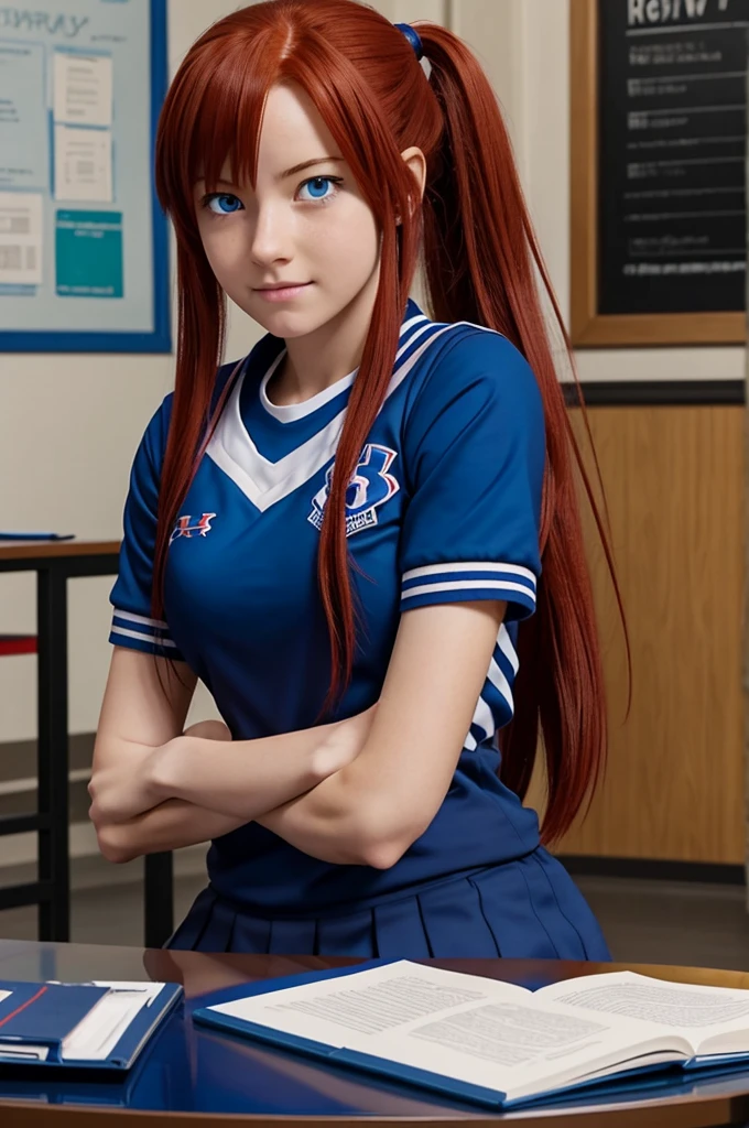 Screenshot of very hero academia girl with straight red hair and no bangs has blue eyes and has a serious expression she is wearing the UA uniform and has a UA school class in the background and is sitting at a table