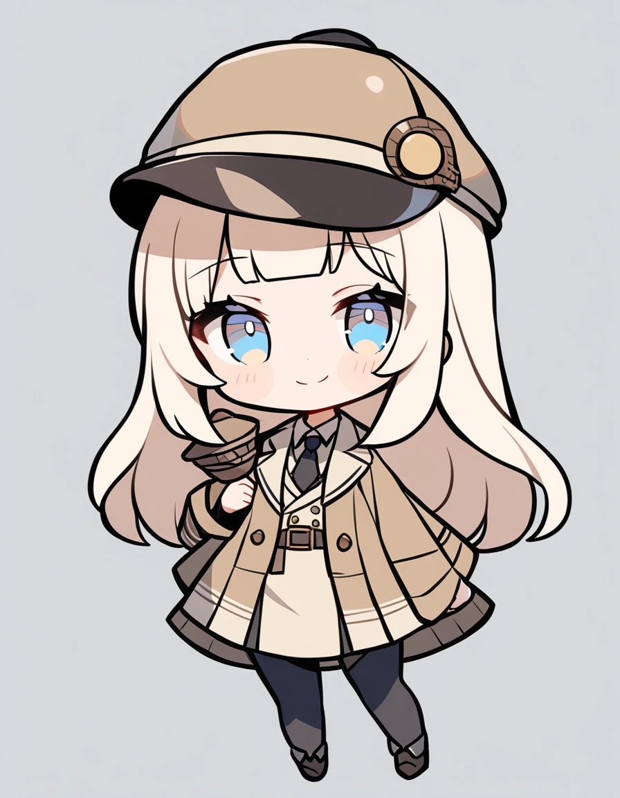 One girl, Beige hair、long、Bangs、Detective Suit、chibi,Light blue eyes、simple background、Smile、Detective Hat,skirt