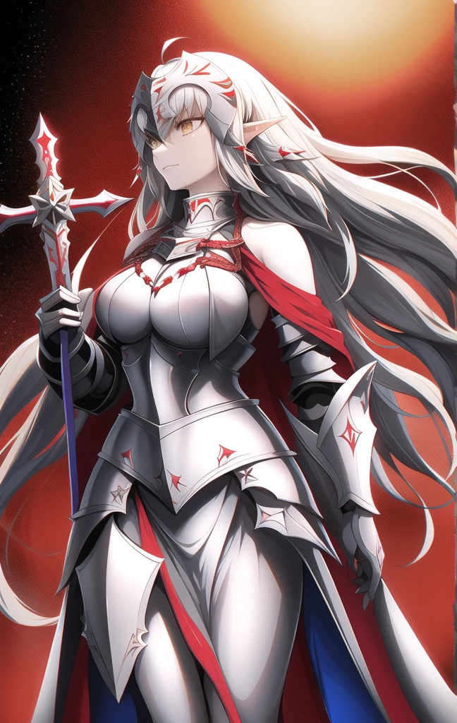 high elf paladin woman stands in a relaxed straight stance, wearing realistic HEMA-inspired armor with a flowing red cape and shoulder-length hair. The background is completely white, ensuring she is the sole focus of the image. She poses with hem moon blade longsword, it is featuring exactly nine runes engraved on the blade and a golden filigree designed cross guard.