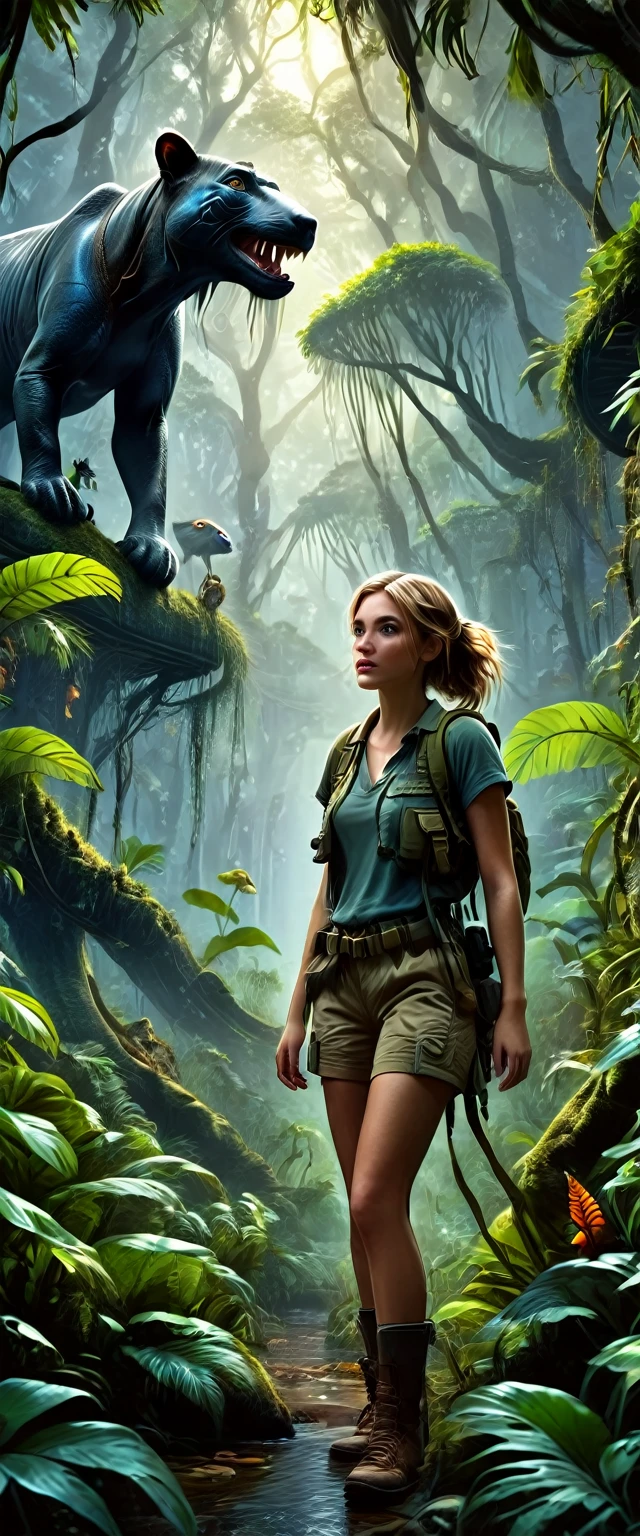 A beautiful girl exploring the mysterious jungle, detailed wildlife, exotic animals, dangerous traps, detailed realistic painting, cinematic lighting, dramatic colors, (best quality,4k,8k,highres,masterpiece:1.2),ultra-detailed,(realistic,photorealistic,photo-realistic:1.37),fantasy,adventure,concept art